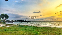 日落,海灘,度假