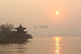西湖,落日,湖