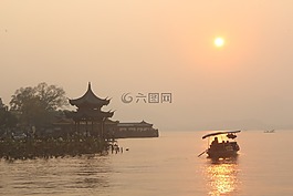 游船,西湖,落日