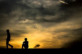 日落,男孩,天空