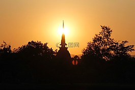 日落,庙,泰国