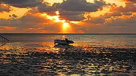 北海,海岸,日落