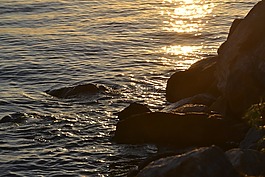 湖,巖石,日落