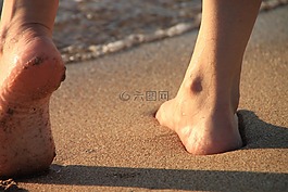 赤腳,海灘,女孩