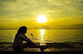 女孩,坐,日落