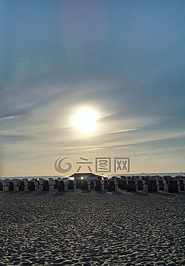 太陽,海灘,日落