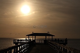 日落,海洋,碼頭