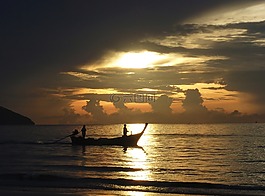 日落,船,海
