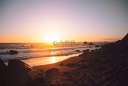 日落,海灘,沙