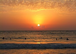 日落,海,海灘