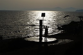 淋浴,噴泉,日落