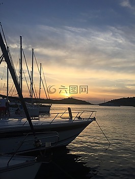 日落,游艇,離子島嶼