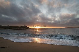 日落,海岸線,海灘