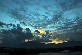 山,日落,海