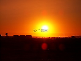 日落,海灘,紅色