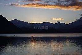 日落,湖,新西蘭