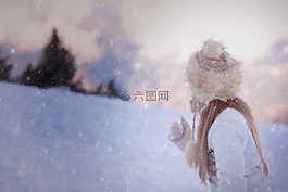 繪畫,女孩,冬天