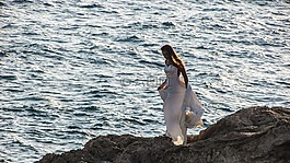 女子,日落,海
