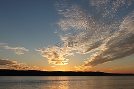 日落,海,水