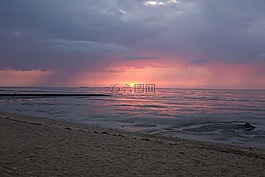 日落,海灘,海