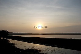 日落,景觀,湖