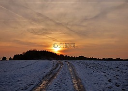 日落,道路,雪