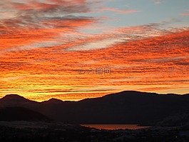 日落,湖,山
