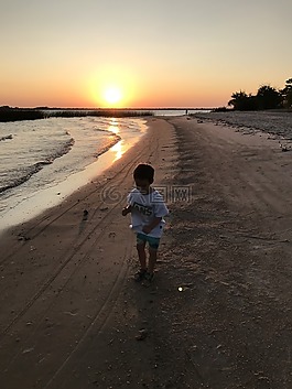 日落,海灘,兒童