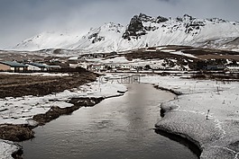山,雪,河