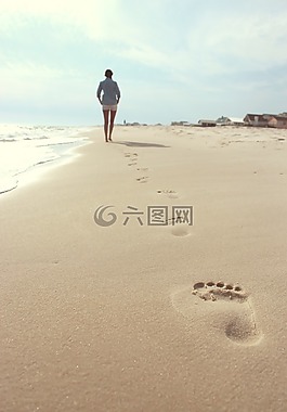 海灘,女子,足跡