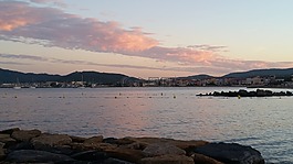 晚上紅,海,灣