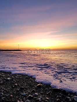 日落,水域,海灘