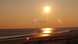 日落,水,海灘
