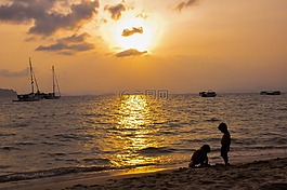 沙滩,背影,夕阳
