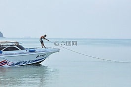 沙灘,船,大海