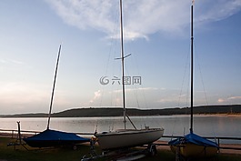 帆船,桅桿,落山的太陽