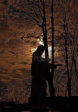雕像,abendstimmung,樹木