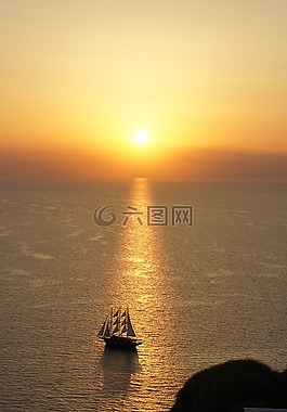 圣托里尼島,日落,船舶