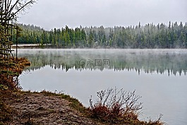 薄霧,湖,上午