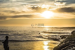 日落,海洋,海