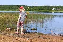女孩,嬰兒,湖