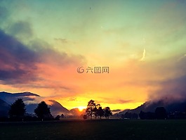 日落,谷,高山