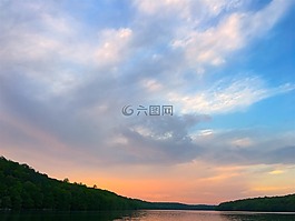天空,日落,湖