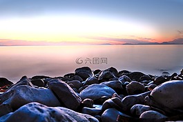 夕陽,石頭,海