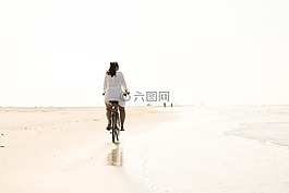 自行車,海灘,女子