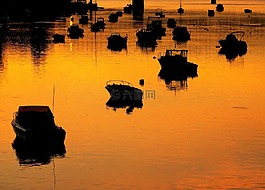 船,日落,橋