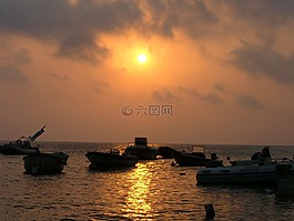 船,日落,海