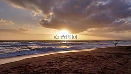 日落,海灘,海