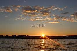 日落,湖,水