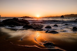 海,日落,海灘